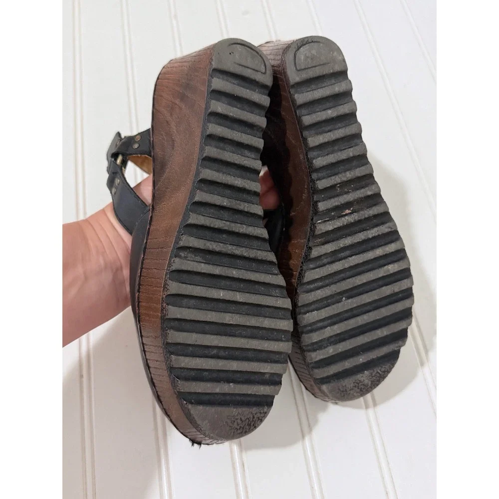 b.o.c. Born Concept Black Leather Rina Wedge Sandals Clog Platform Womens 9M